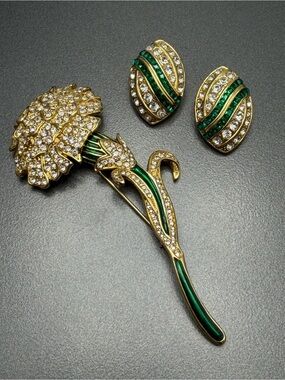 Nolan Miller Gold Green Enamel Floral Brooch and Clip-On Earring Set